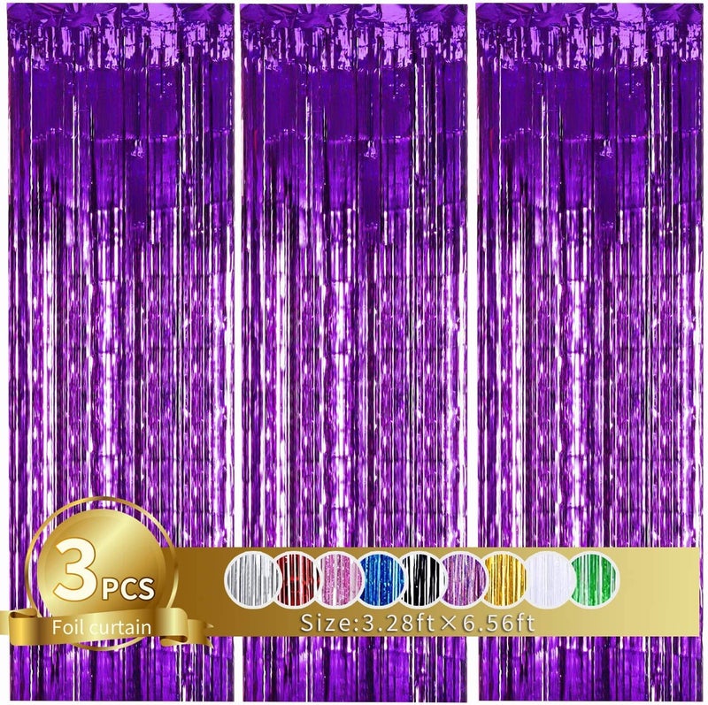 TONIFUL 3Pcs Purple Door Streamers,Purple Photo Booth Backdrop,Metallic Streamers Foil Fringe Curtains for Halloween Birthday,Christmas,New Year,St. Patrick's Day Party Decor(9.9ft x 6.6ft) - Image 1